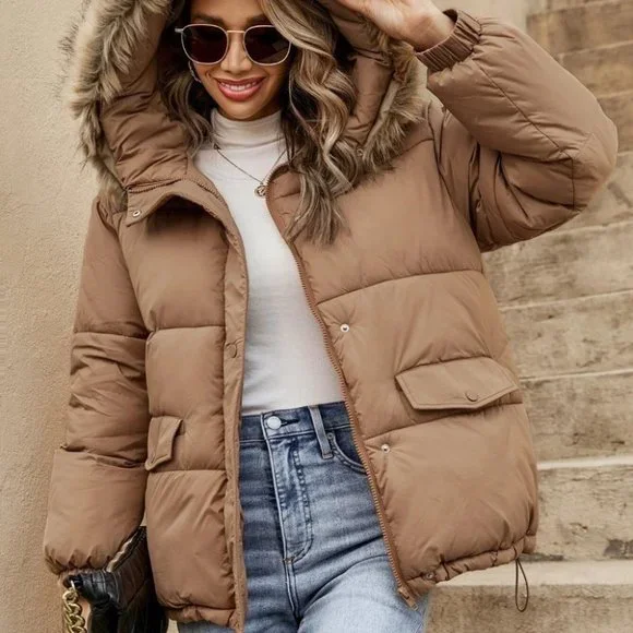 Tan Womens Hooded Puffer Coat - Picture 4 of 4